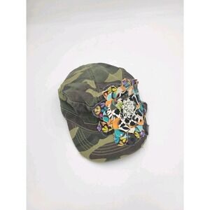 Frayed Flower Camo Cap with Large 3D Floral Fabric and Rhinestone Appliqué